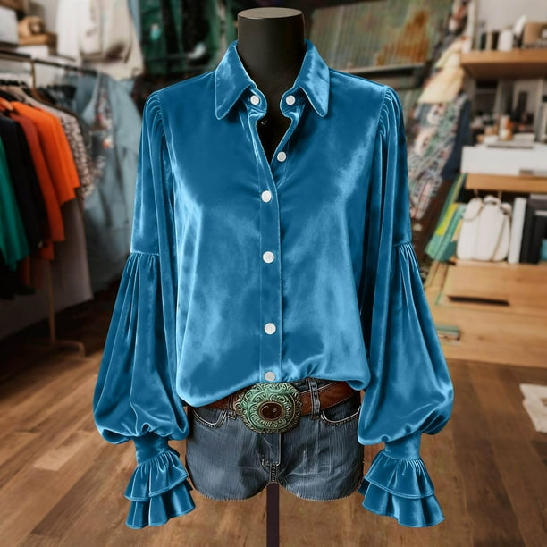 Ounisa Women's Velvet Tops Dressy Casual Long Sleeve Smocked Work Blouses Trendy Blusas Elegantes Button Down Shirts