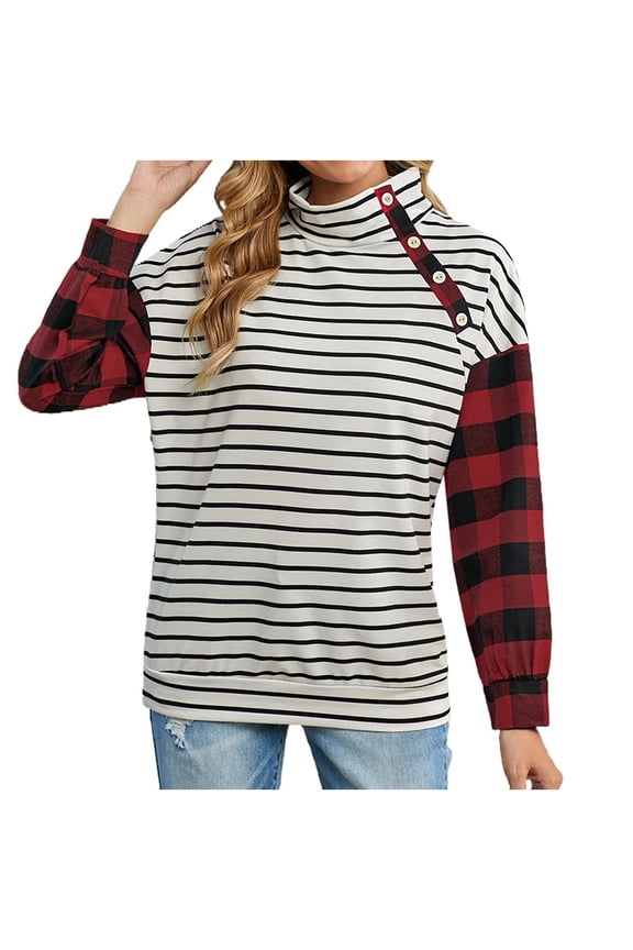 Plus Size Tank Tops for Women Hedging Thread Top Flowy Blouse Spring Fall Color Matching Pullover Hiking Shirt Plaid Striped Stitching Button Collar Long Sleeve Tops Autumn Blouse
