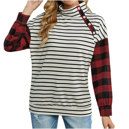 

Women s Loose Plaid Striped Stitching Button Bib Collar Long-sleeved Tops Autumn Blouse Plus Size Loose Fit Sweatshirt Pullover
