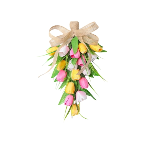 Zephyrn 9x16" Artificial Tulips Floral Teardrop Swag with Burlap Bow, Weather Resistant and Handmade, for Front Door, Porch, or Wall Decoration