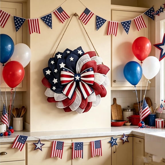WTQVGQ Patriotic Wooden Welcome Door Sign, Round Blue American Flag Hanging Plaque with Bow and Greenery, Rustic Independence Day Wall and Porch Decor