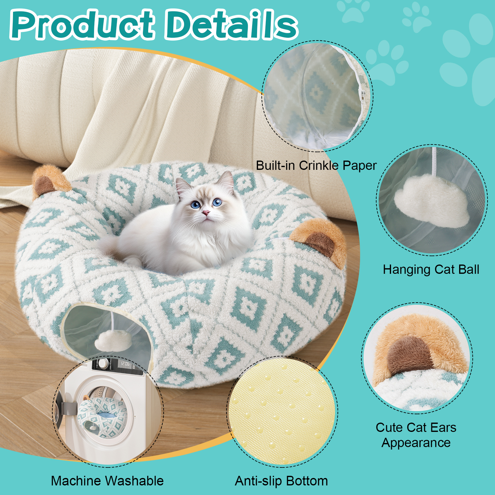 Cat Tunnel Bed with Soft Cushion, Cat Donut Tunnels for Indoor Cats, Peekaboo Cat Cave Toy, Multifunctional Playground Toys for Kittens, Rabbit, Blue Jacquard Pattern