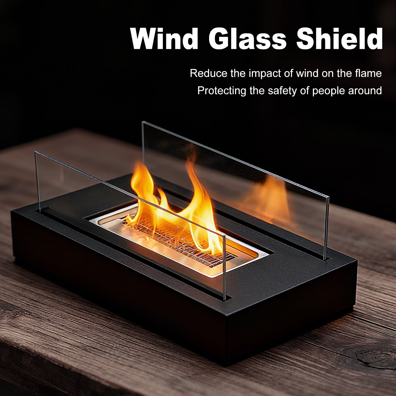 Behome 14” Firepit Desk Top, Stainless Steel Rectangle Fire Pit, Fire Bowl with Glass Wind Guard, Black