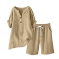 thumbnail image 5 of Xdegoge Women's Cotton Linen 2 Piece Outfits Summer Casual V Neck Button Down Short Sleeve Shirts and Drawstring Shorts Lounge Set Tracksuit with Pockets, 5 of 5