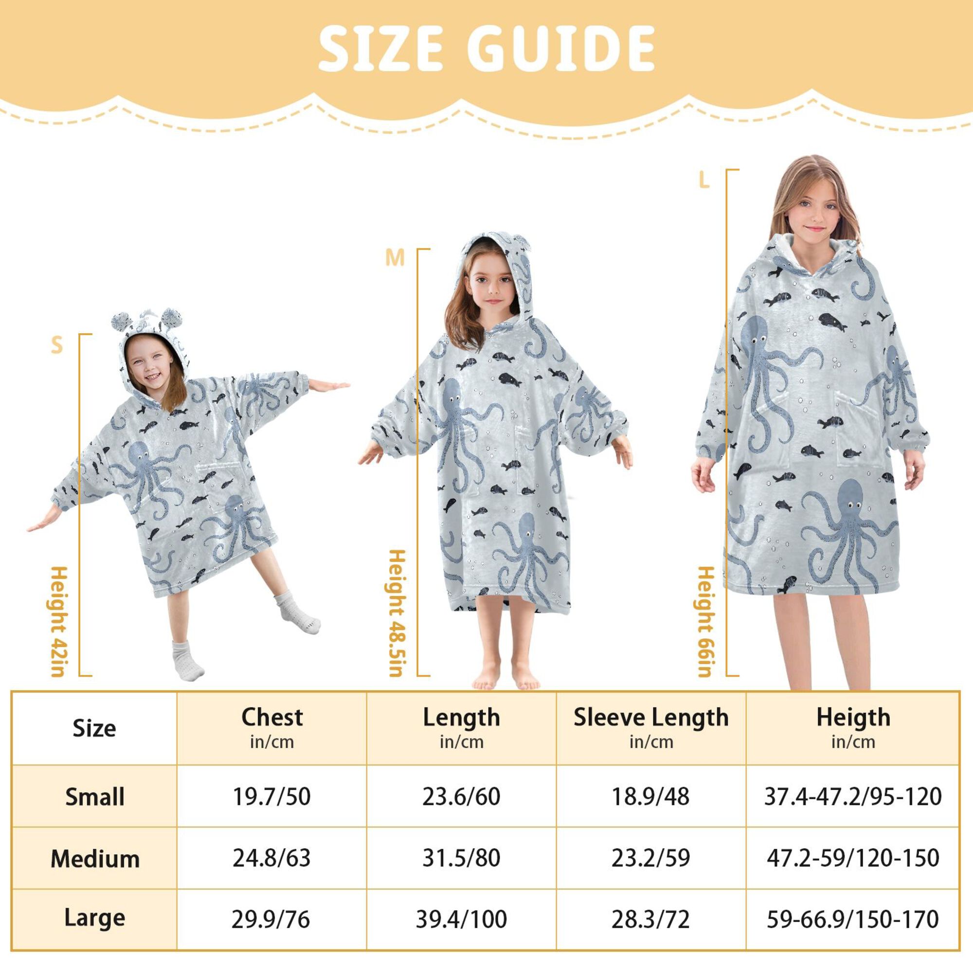 FORMRS Wearable Blanket Hoodie with Sleeves for Kids Cozy Flannel Sweatshirt, Blue Octopus Pattern