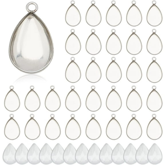 100pcs Bezel Pendant Blanks- 50pcs Drop Pendant Trays Photo Charms Cabochons Blanks with 50pcs Glass Cabochons Clear Dome