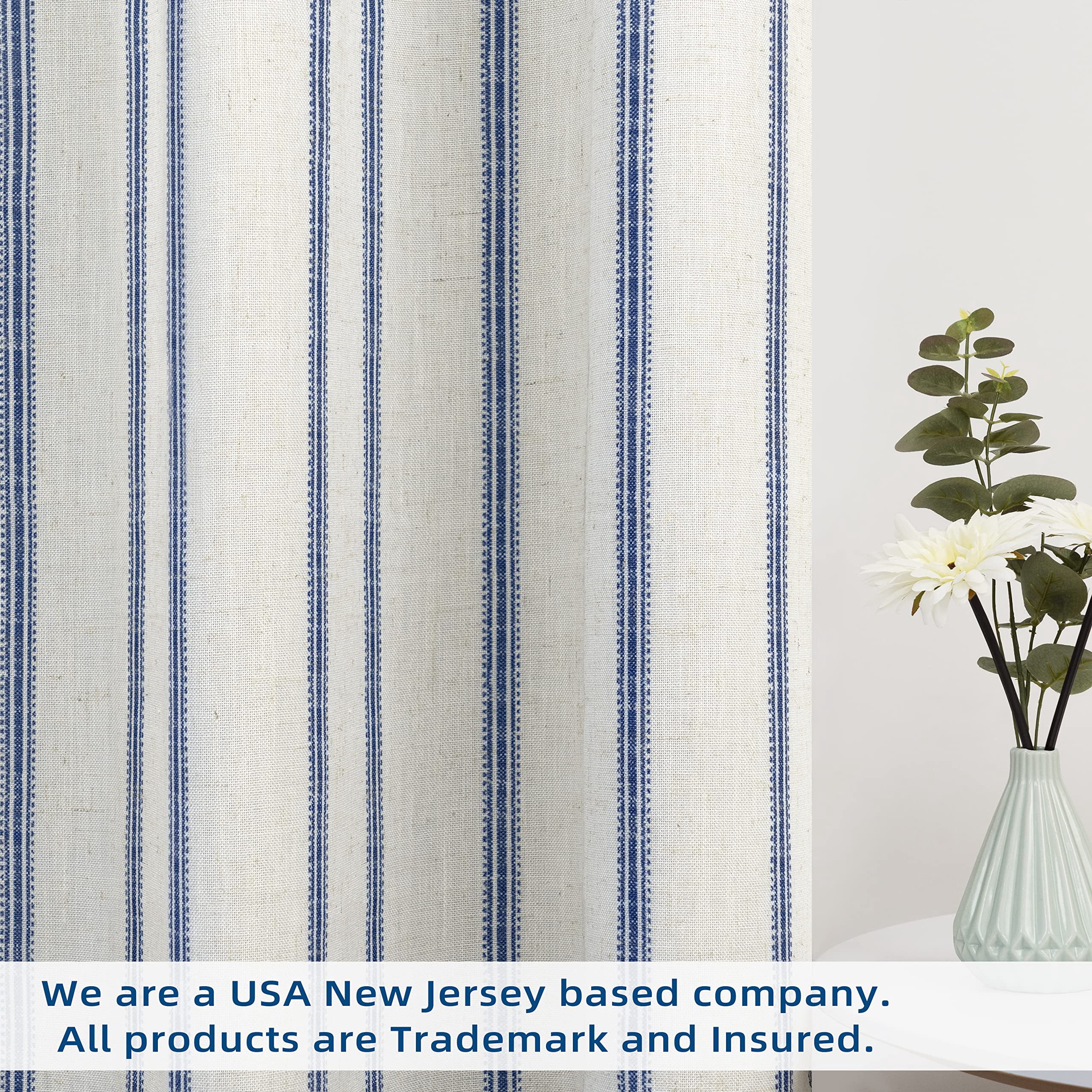 DriftAway Farmhouse Linen Blend Blackout Valance for Kitchen 18 Inch Length Vertical Striped Printed Lined Rod Pocket Room Darkening Curtain Valance for Living Room 52x18 Inch Navy