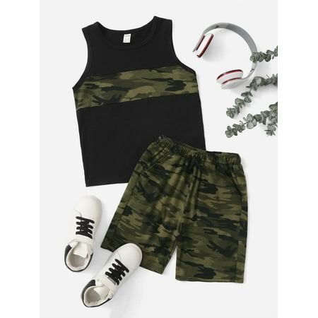 

Sleeveless Boys Camo Print Colorblock Tank Tops T Shirt Shorts Set S221904X Multicolor 9Y(53IN)