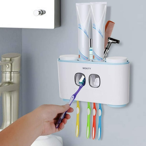 SAYDY Toothbrush Holder Multi Function Wall Mounted Automatic Toothpaste Dispenser and Dust Proof Toothbrush Holder with 5 Brush Slots 4 Cups 2