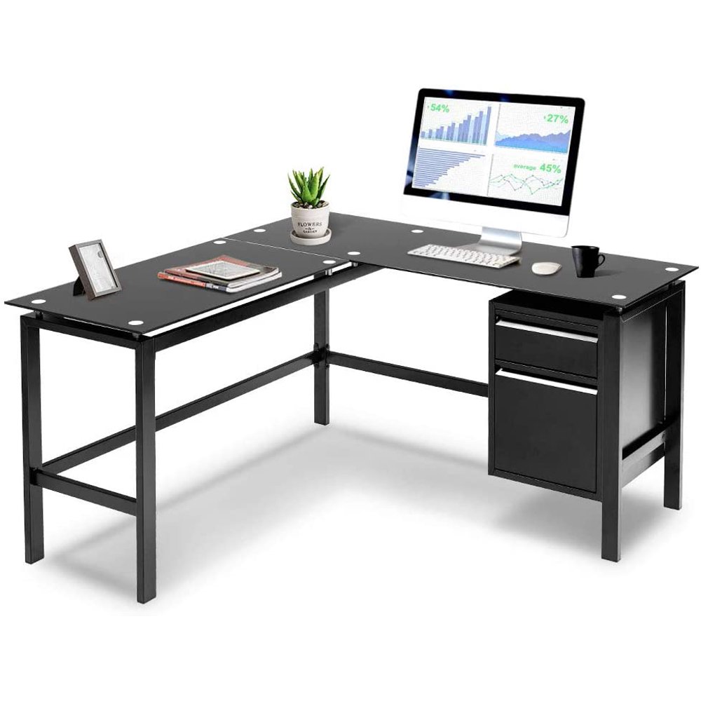LShaped Desk Corner Table Computer Desk with Side Storage, Black Glass