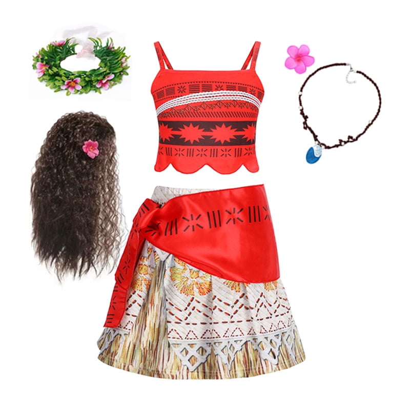 TOLOYE Disfraz De Princesa Vaiana Para Niña – Set De 5 Piezas Con Vestido, Corona De Flores, Collar, Bolso Y Pinza – Ideal Para Carnaval, Halloween Y Hawái
