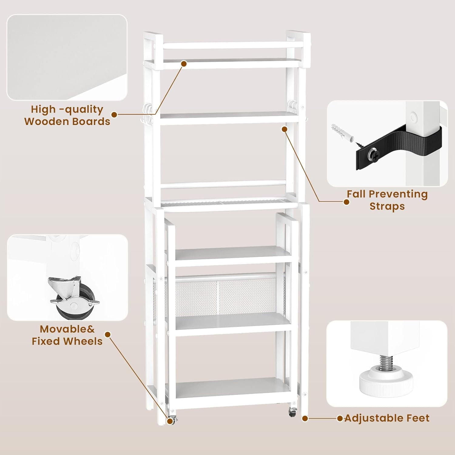 LinkRomat 6-Tier Farmhouse Bathroom Shelf, Over Toilet Organizer with Rolling Cart & 6 Hooks, Space Saving Storage Rack for Bathroom, White