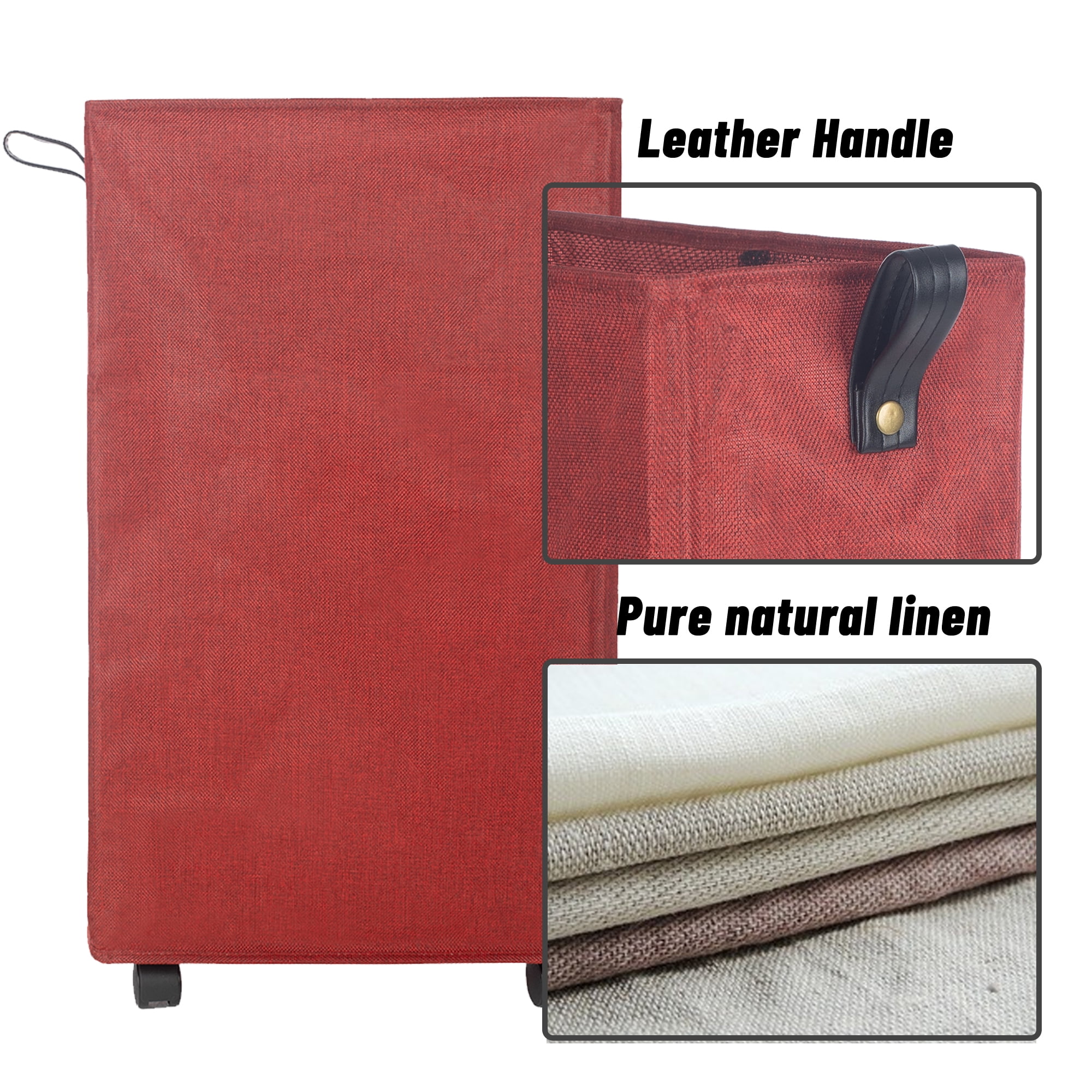 Caroeas X-Large Slim Laundry Baskets 27" Tall with Leather Handle, Laundry Basket on Wheels , Collapsible Laundry Hamper, Rolling Hamper Dorm Baskets (Red Linen)