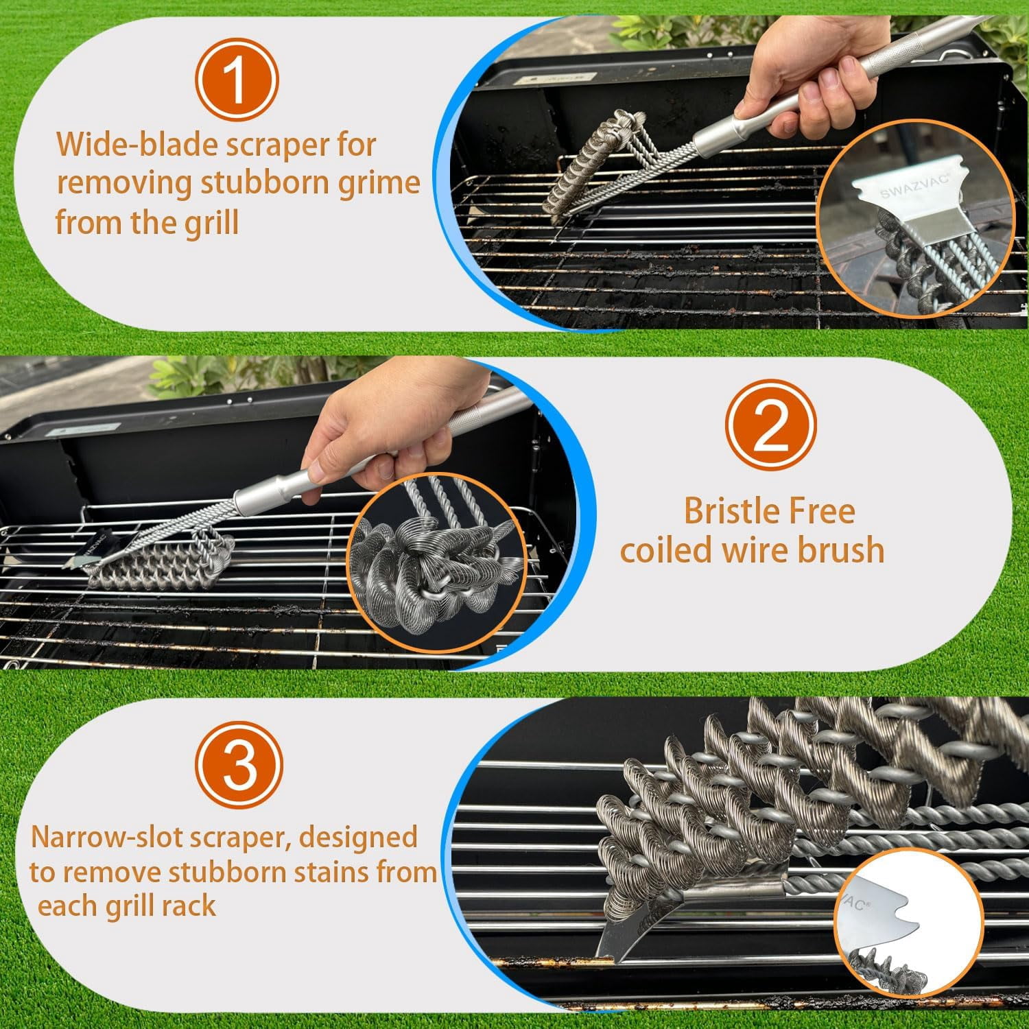 SWAZVAC 3-in-1 Bristle-Free Stainless Steel BBQ Grill Cleaner with Scraper, Detachable Aluminum Handle & Lockable S-Hook