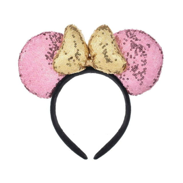 A Miaow Diadema con Orejas de Lentejuelas de ratón Negro 3D MM Broche para el Cabello de Mariposa con Purpurina Suministro de Parque Accesorio para Fotos para Adultos y Mujeres (Rosa y Dorado)