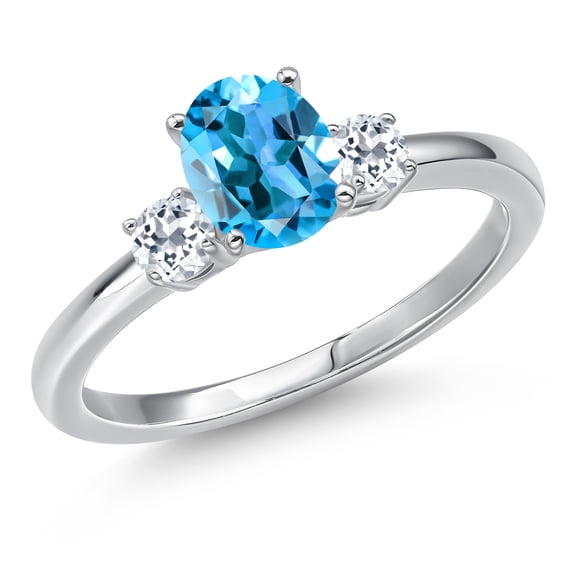 Gem Stone King 14K White Gold Swiss Blue Topaz and White Topaz Engagement Ring for Women | 1.28 Cttw | Oval 7X5MM | Gemstone November Birthstone | Size 5