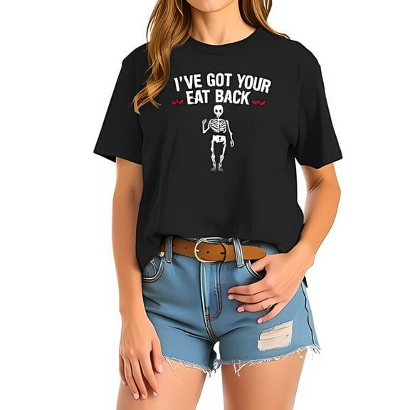 Whimsical Black Oversized Cotton T-Shirt with " I'VE GOT YOUR EAT BACK " Skeleton Graphic - Trendy Summer Style