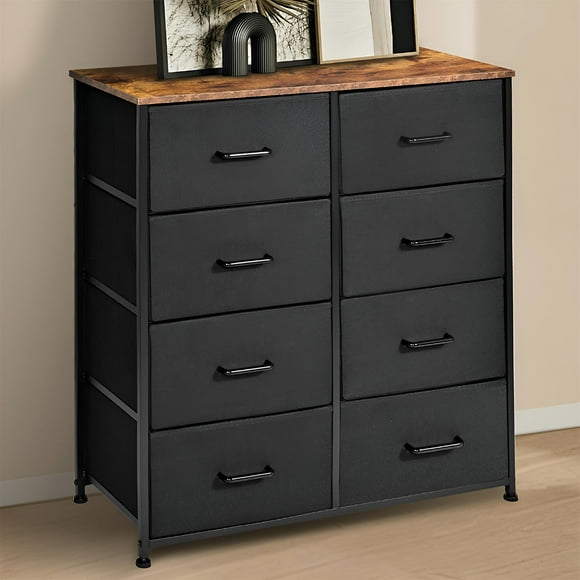 Dresser with Wood Top and Steel Frame, 8 Drawer Chest Storage Tower Organizer Nightstand with Adjustable Feet for Bedroom Living Room