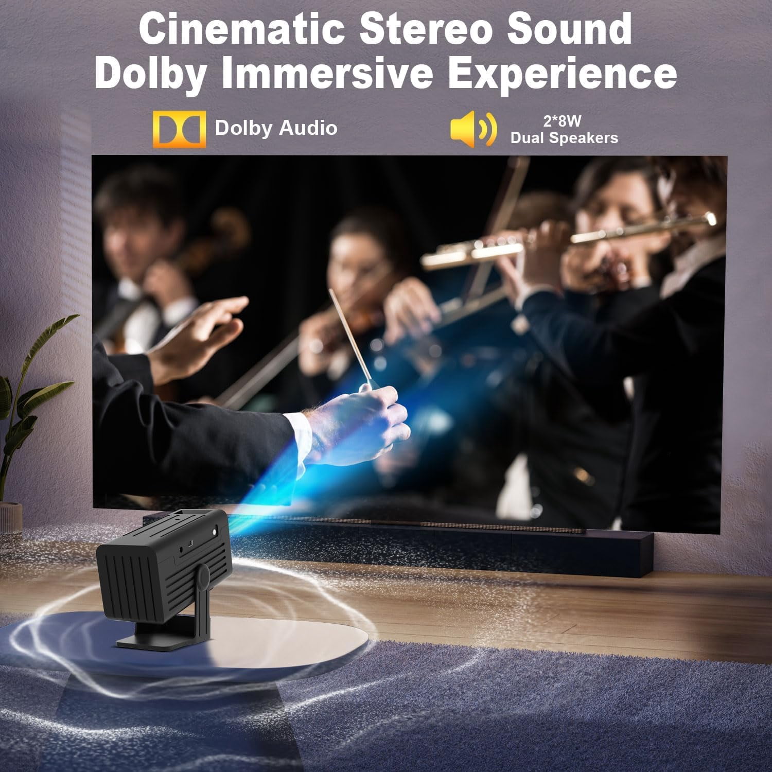 Projector with Apps 4K Supported  Projector for Bedroom Ceiling Camping Outdoor Use Portable with Speaker Auto