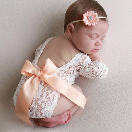 

SPRING PARK 2Pcs/Set Baby Photography Props Outfits Newborn Girl Lace Romper Headband Set Photo Shoot Props Outfits