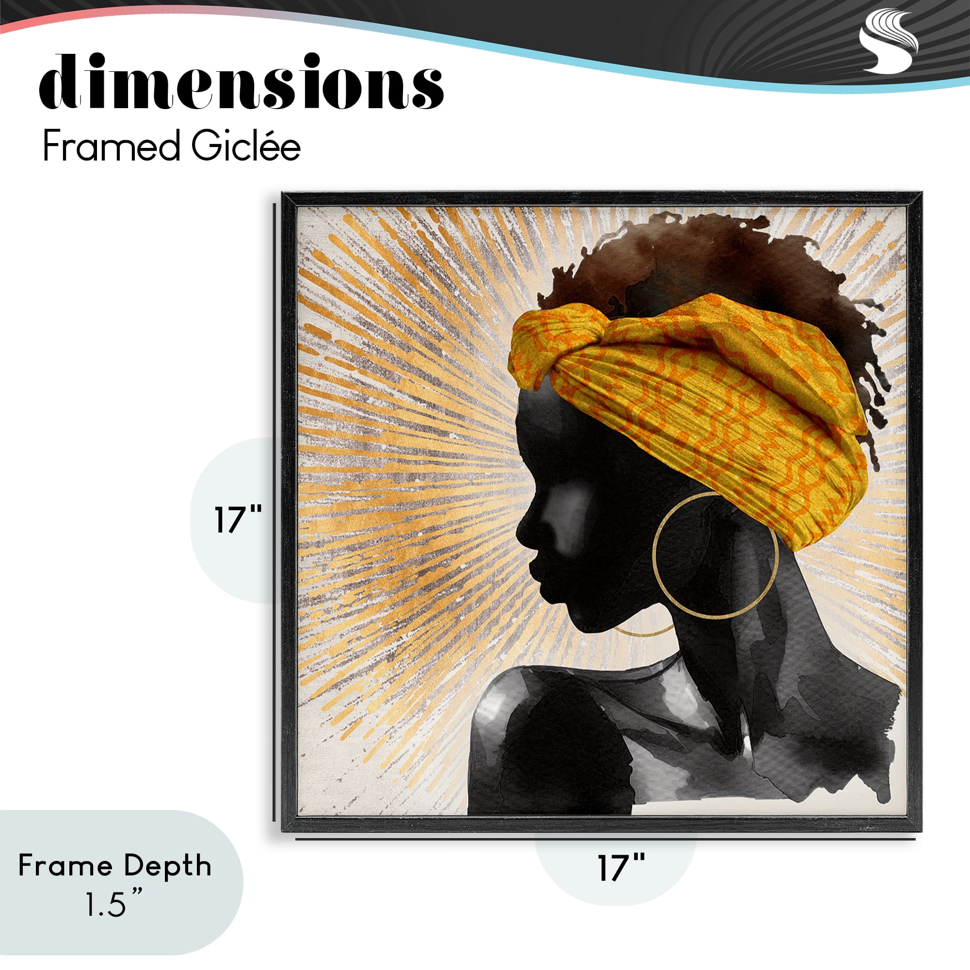 Stupell Industries Golden Sunburst Profile with Headwrap Black Framed Giclee Art, design by CAD Designs