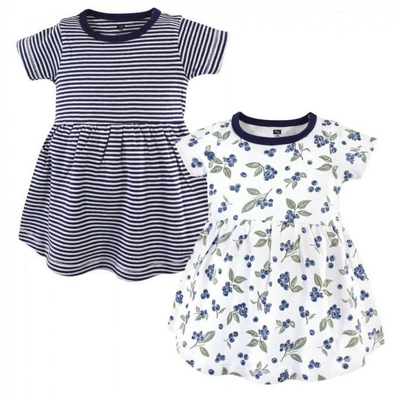 Hudson Baby Infant and Toddler Girl Cotton Short-Sleeve Dresses 2pk, Blueberries, 0-3 Months