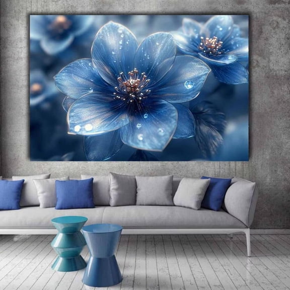 Mudket Framed Canvas Wall Art Blue Magnolia Flower Water Drop Prints Wall Decor Botanical Canvas Print Ready to Hang for Bedroom Bathroom Living Room Elegant Wall Art - 12"L x 8"W