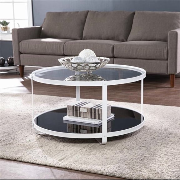 32 in. Glass & Metal Two Tier Round Coffee Table, White