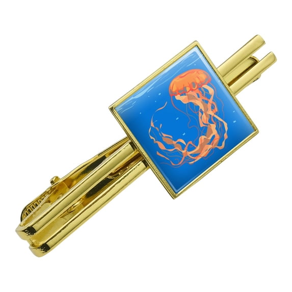 Underwater Orange Medusa Jellyfish Square Tie Bar Clip Clasp Tack- Silver or Gold