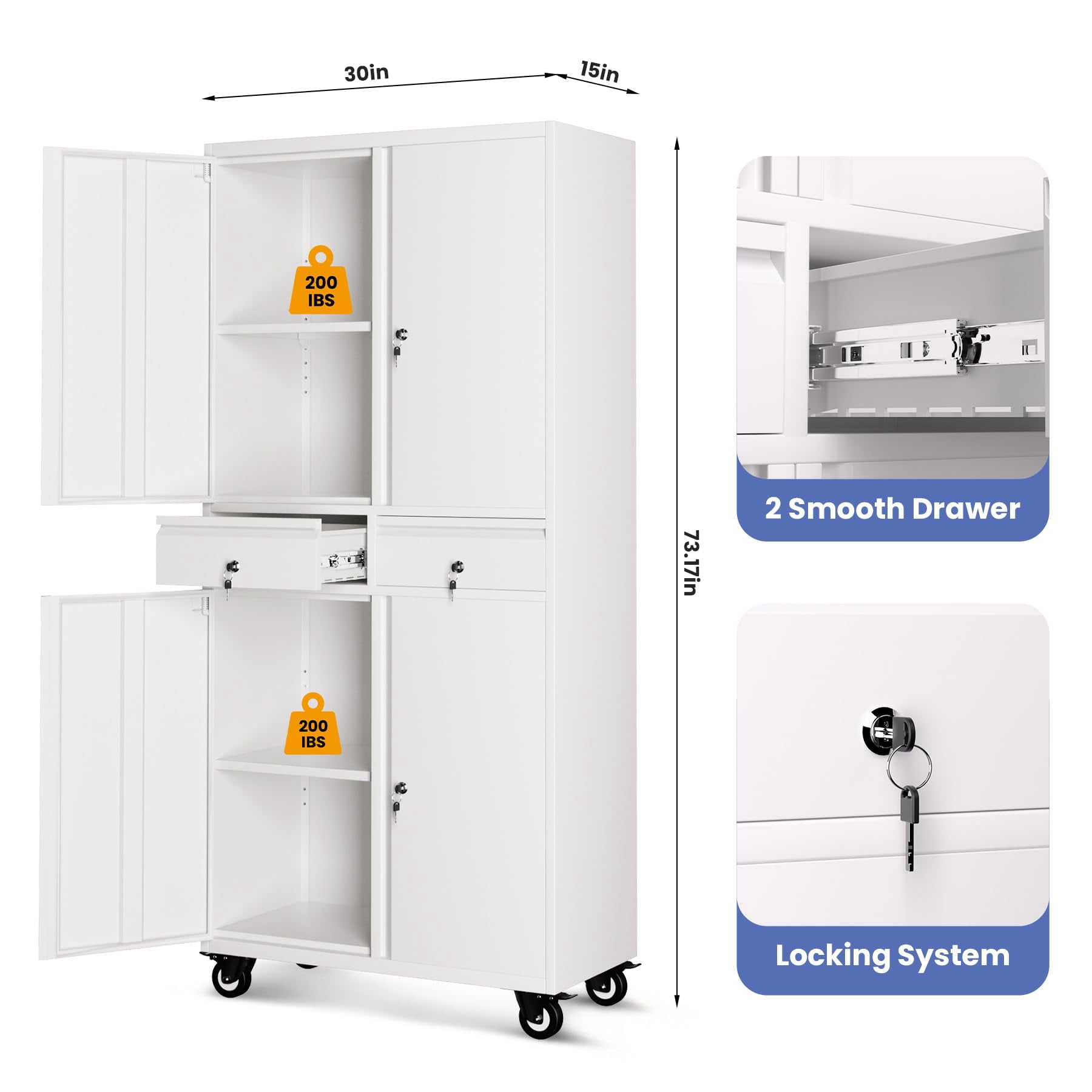 Heavy Duty 73'' Metal File Cabinet for Office & Workshop, 2 Drawers, Locking Doors, Adjustable Shelves, Mobile Wheels, Secure Steel Storage Cabinet