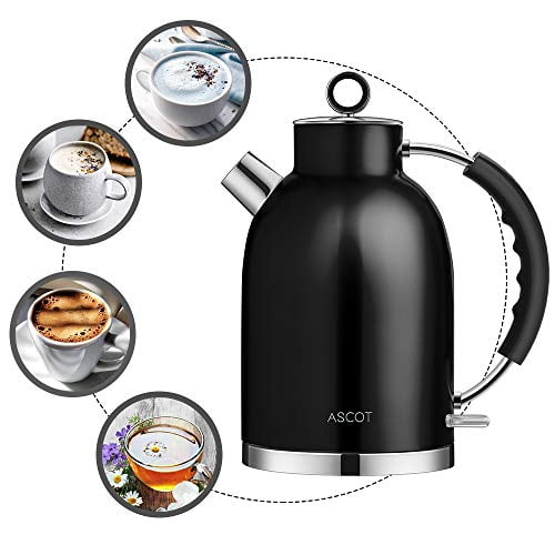 ASCOT Stainless Steel Electric Tea Kettle, 1.7QT, 1500W, BPA-Free, Cordless,  Automatic Shutoff, Fast Boiling Water Heater - Black 