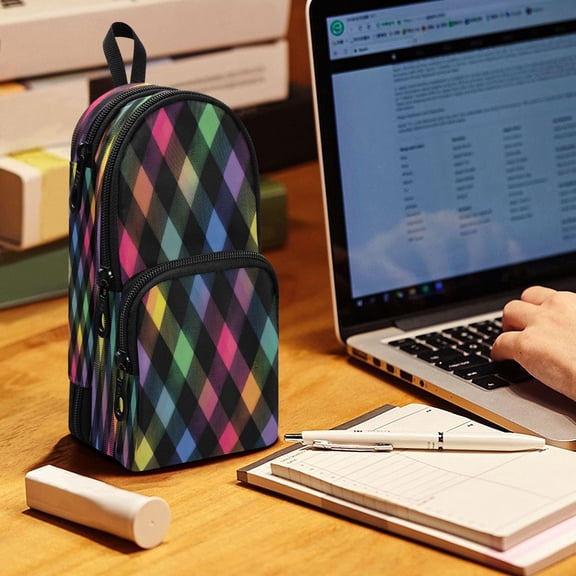Backpack Pencil Case, 3 Compartment Large Capacity Oxford Fabric Pencil Pouch / Neon Rainbow Checkered Pattern