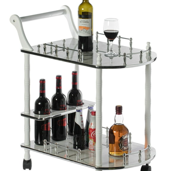 Wood Serving Bar Cart Tea Trolley with 2 Tier Shelves and Rolling Wheels