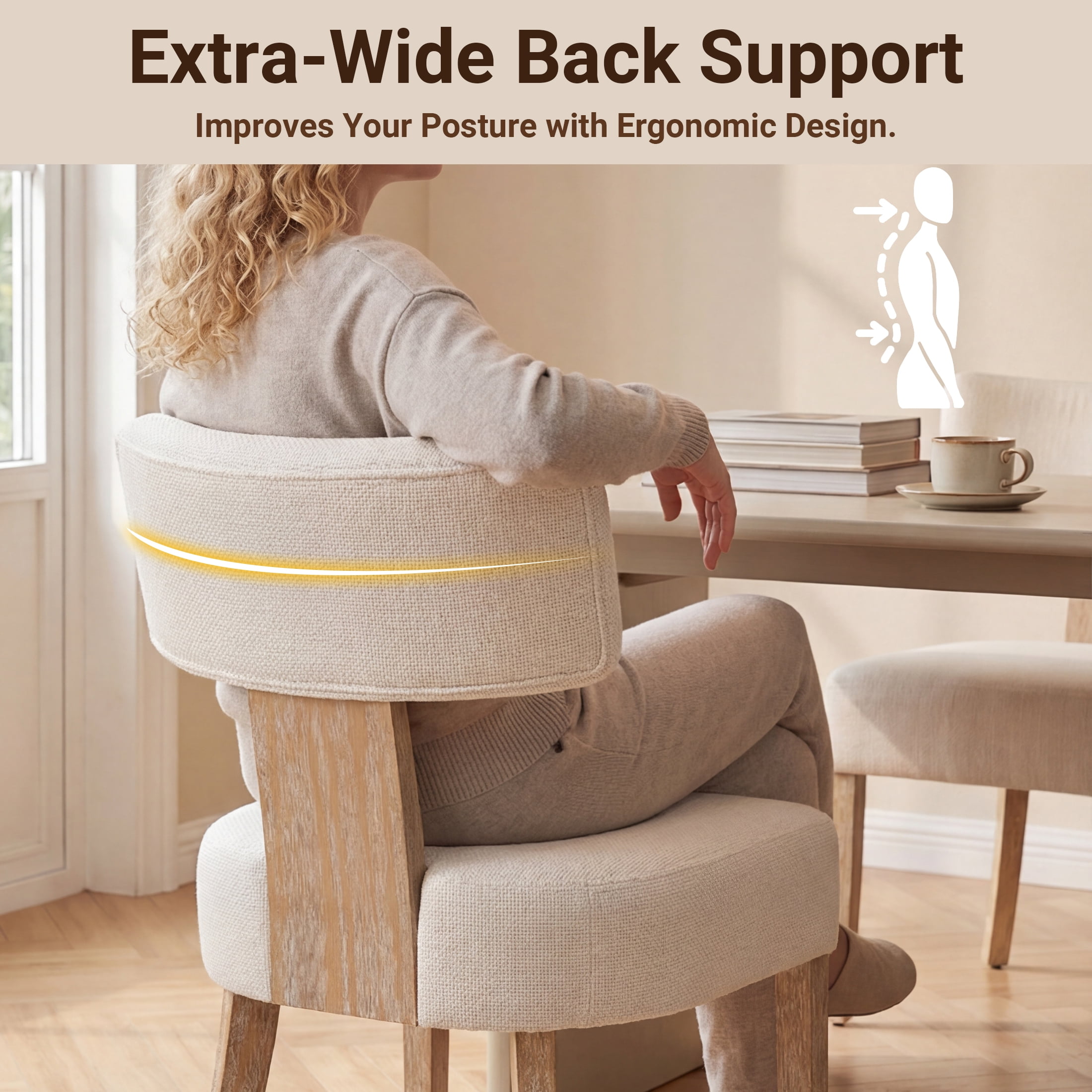 Prilinex Upholstered Dining Chairs Set of 6, Farmhouse Kitchen Side Chairs with Curved Backrests & Wider Cushion, Solid Wood Legs, Mid Century Modern for Dining Room Restaurant Home, Beige