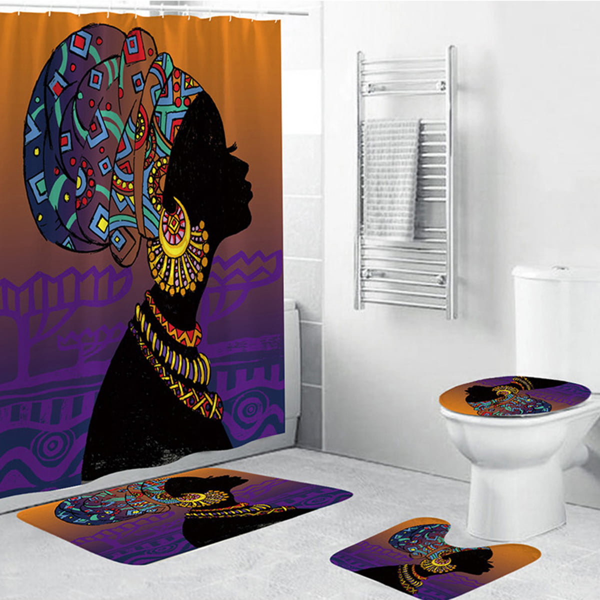 African Women Shower Curtain with 12 Hooks Bath Mat Toilet Cover Rug Decor Set