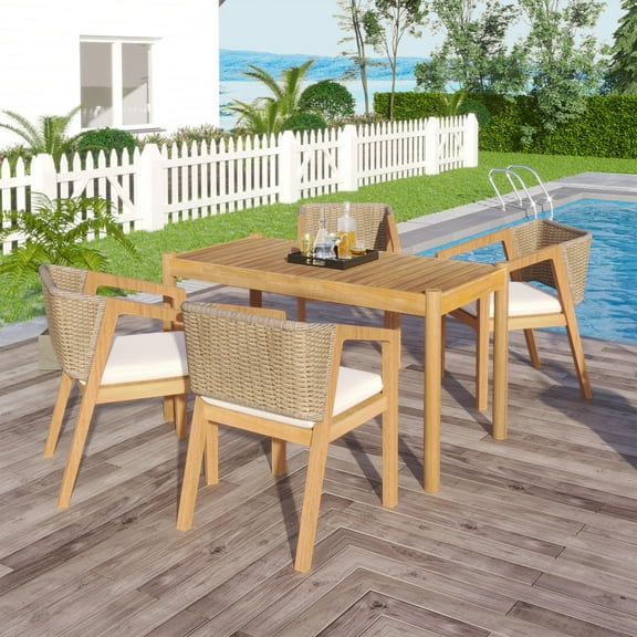 5 Piece Outdoor Wood Dining Set, Patio Table and Chairs for 4 Cushion Chairs, Waterproof Dining Furniture Set for Lawn, Balcony, Garden, Teak and Beige