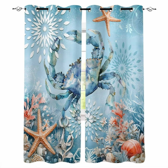Fsddascl Blue Coastal Crab Blackout Curtains for Bedroom/Living Room, Thermal Insulated Kitchen Curtains, Summer Beach Starfish Botanical Grommet Darkening Window Treatment Drapes 42"x63"x2