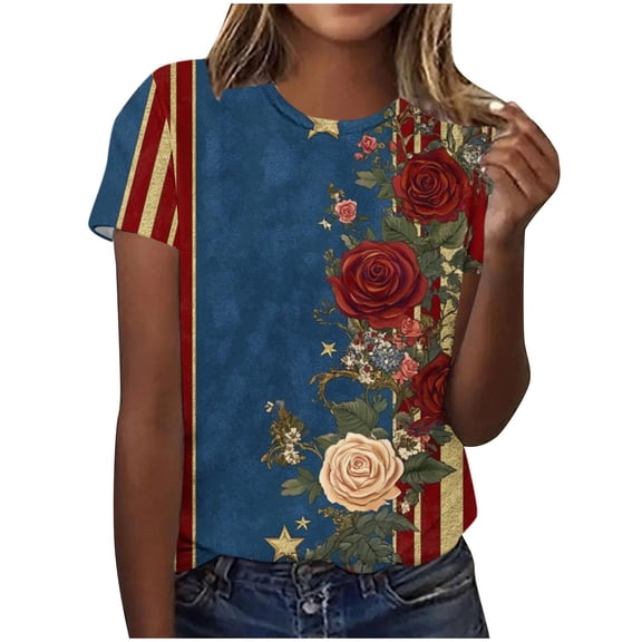 Levmjia American Flag & Floral Print Short Sleeve Crewneck Tee, Lightweight Comfort Stretch Summer Top for Independence Day Celebrations