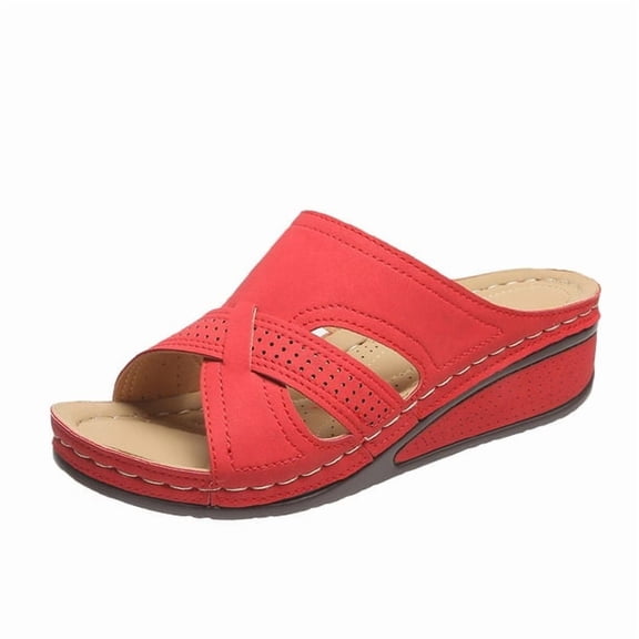 KBODIU Women's Sandals, Women Orthopedic Sandals with Arch Support Wedge Heel Flat Open Toe Sandals Vintage Cutout Slippers Summer Beach Sandals Wedge Shoes Red 38