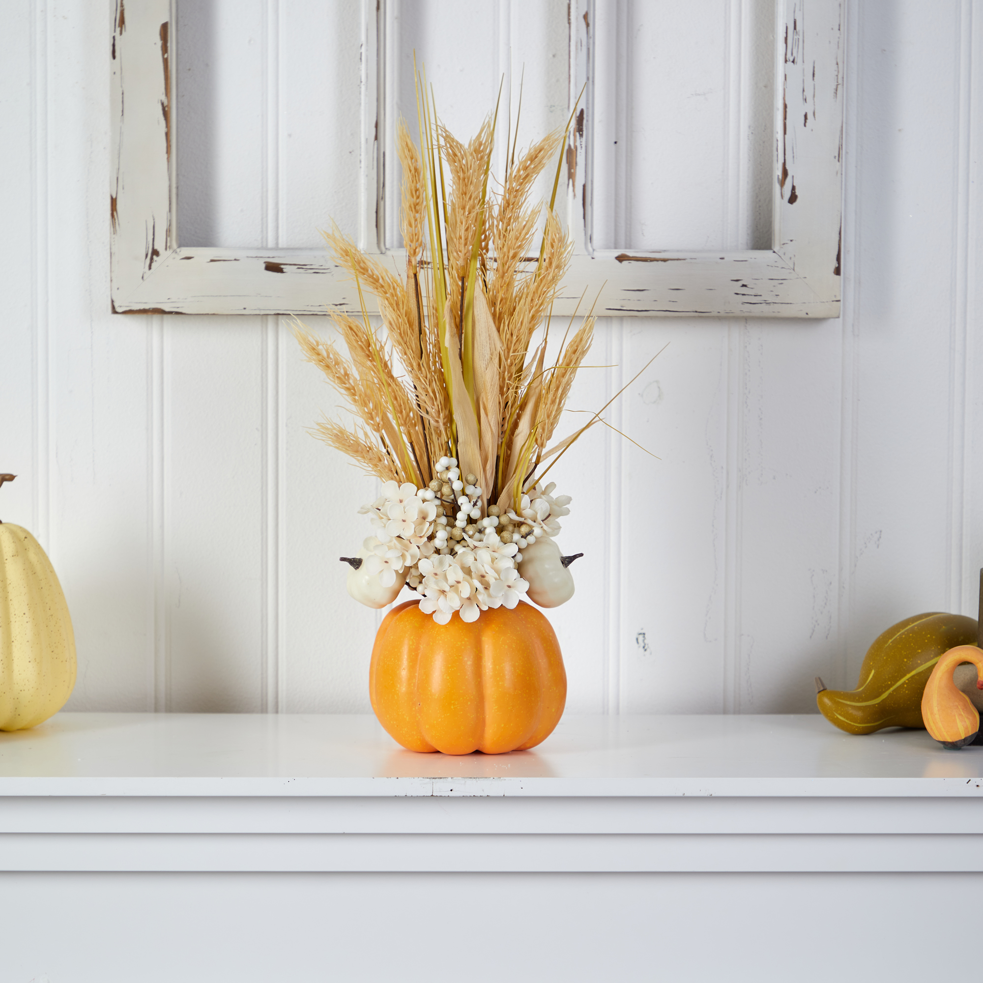 Nearly Natural 21" Autumn Dried Wheat and Pumpkin Artificial Flower Arrangement in Decorative Pumpkin Vase, Orange