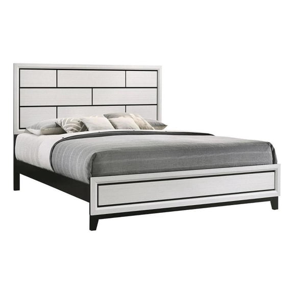 Benjara Asir King Size Bed- Geometric Panel Headboard- Modern White Wood Finish