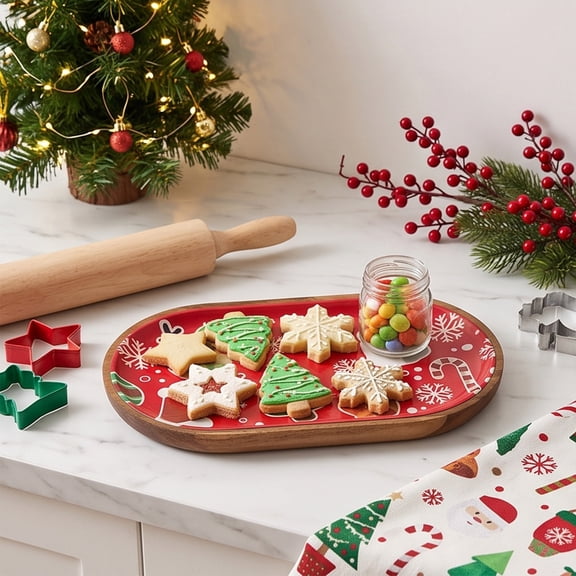 Ouuluon Christmas Printed Serving Tray, Wooden Rim Decorative Tray for Cookies Desserts Tabletop Decor