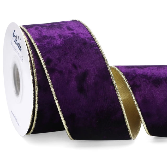 Cinta decorativa Ribbli, 2,5 pulgadas, terciopelo morado, borde dorado, 9 m