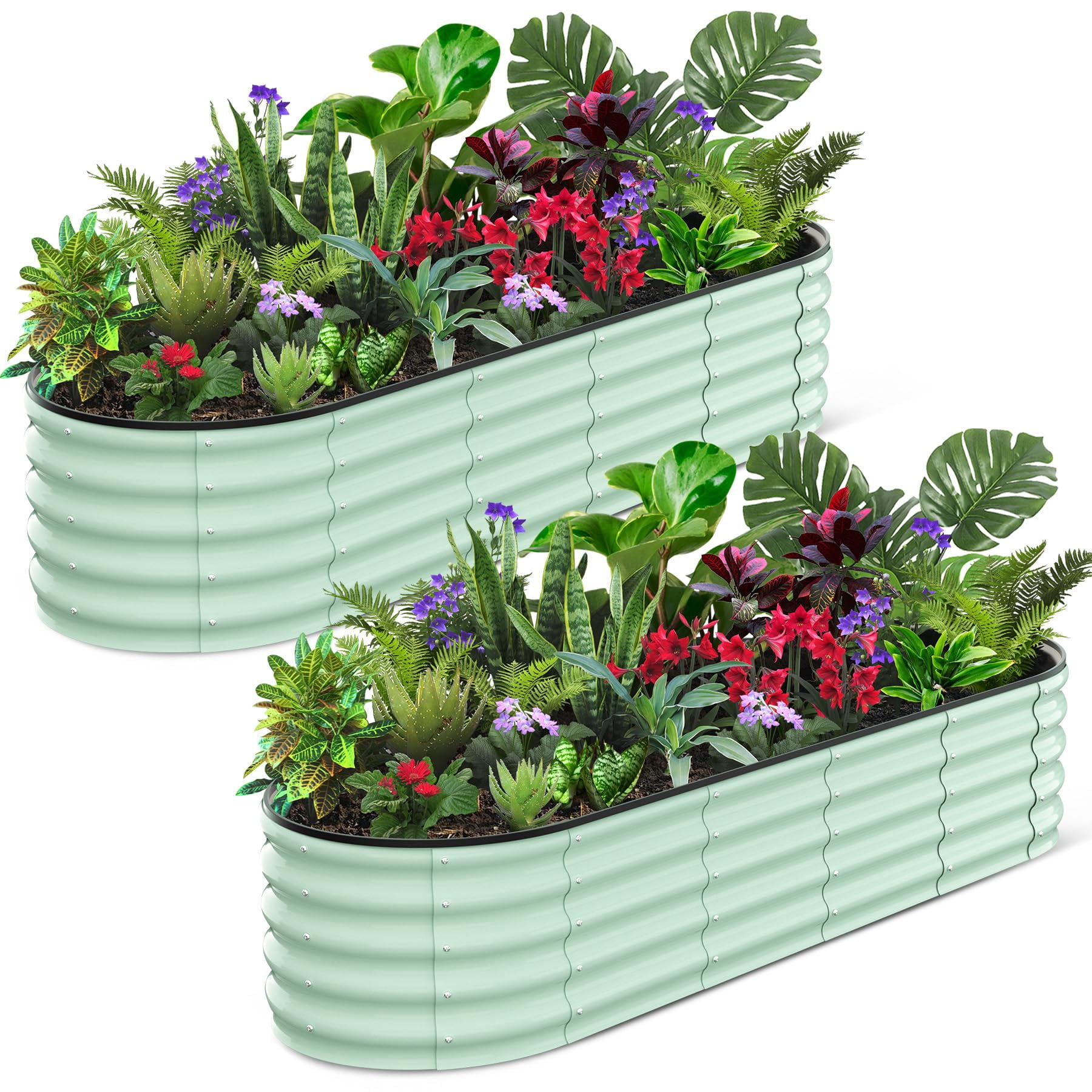 Yeshouse 8x2x1.5 FT Galvanized Raised Beds for Outdoor, Oval Raised Garden Bed with Open Base, Tool-Free Assembly Planter Raised Boxes for Outdoor Vegetables & Flowers, Green