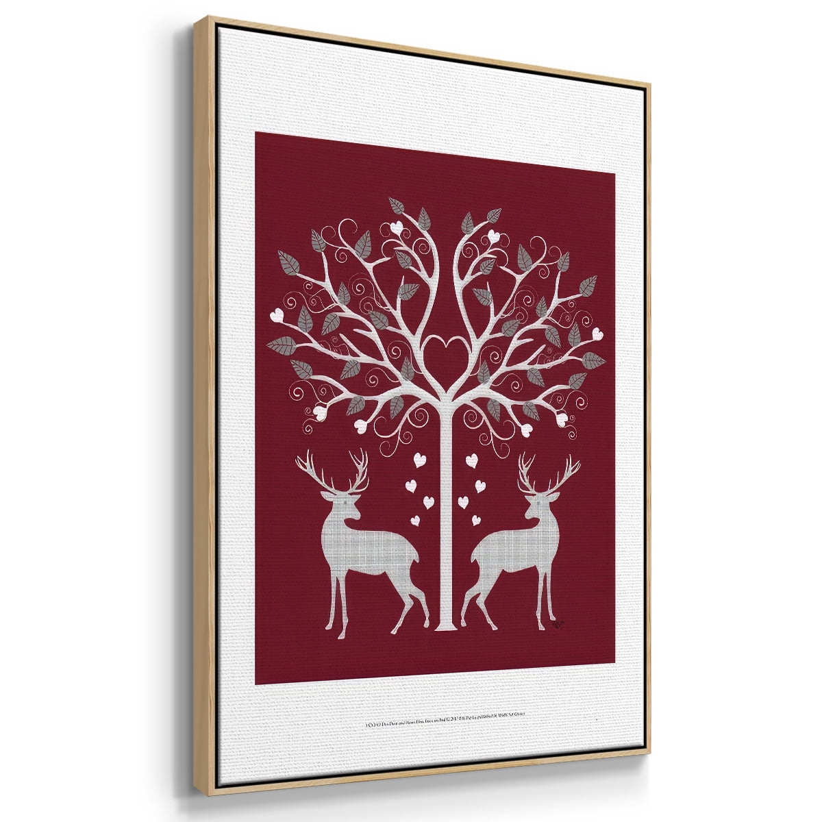 Christmas Des - Deer and Heart Tree, Grey on Red - Framed Gallery Wrapped Holiday Canvas - 25 x 37 - Natural Wood Frame
