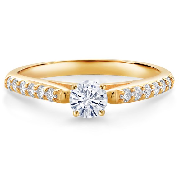 Gem Stone King 10K Yellow Gold White Moissanite and Lab Grown Diamond Engagement Ring for Women (0.41 Cttw, Gemstone, Round 4MM, Size 9)
