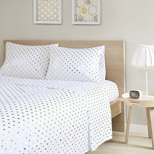 Intelligent Design Metallic Dot Printed Sheet Set White/Gold Queen