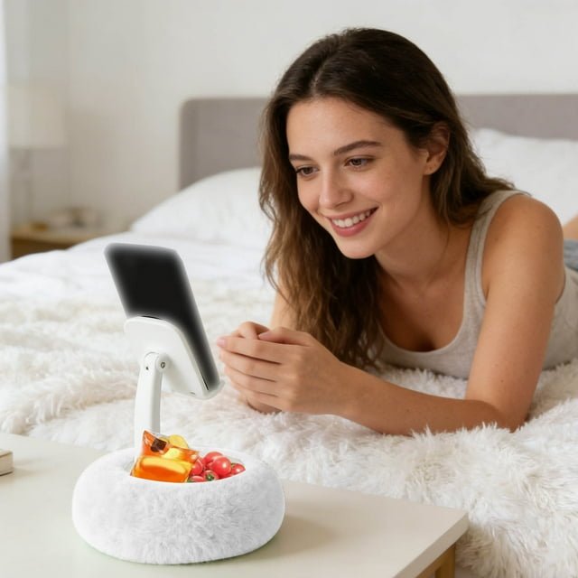 Klonfd Fuzzy Phone Holder With Snack Bowl Adjustable 360° Rotating Stand Fit 4'' 13'' Phone/Tablet/ Holder Stand For Bed With Soft Plus Fabric Reading