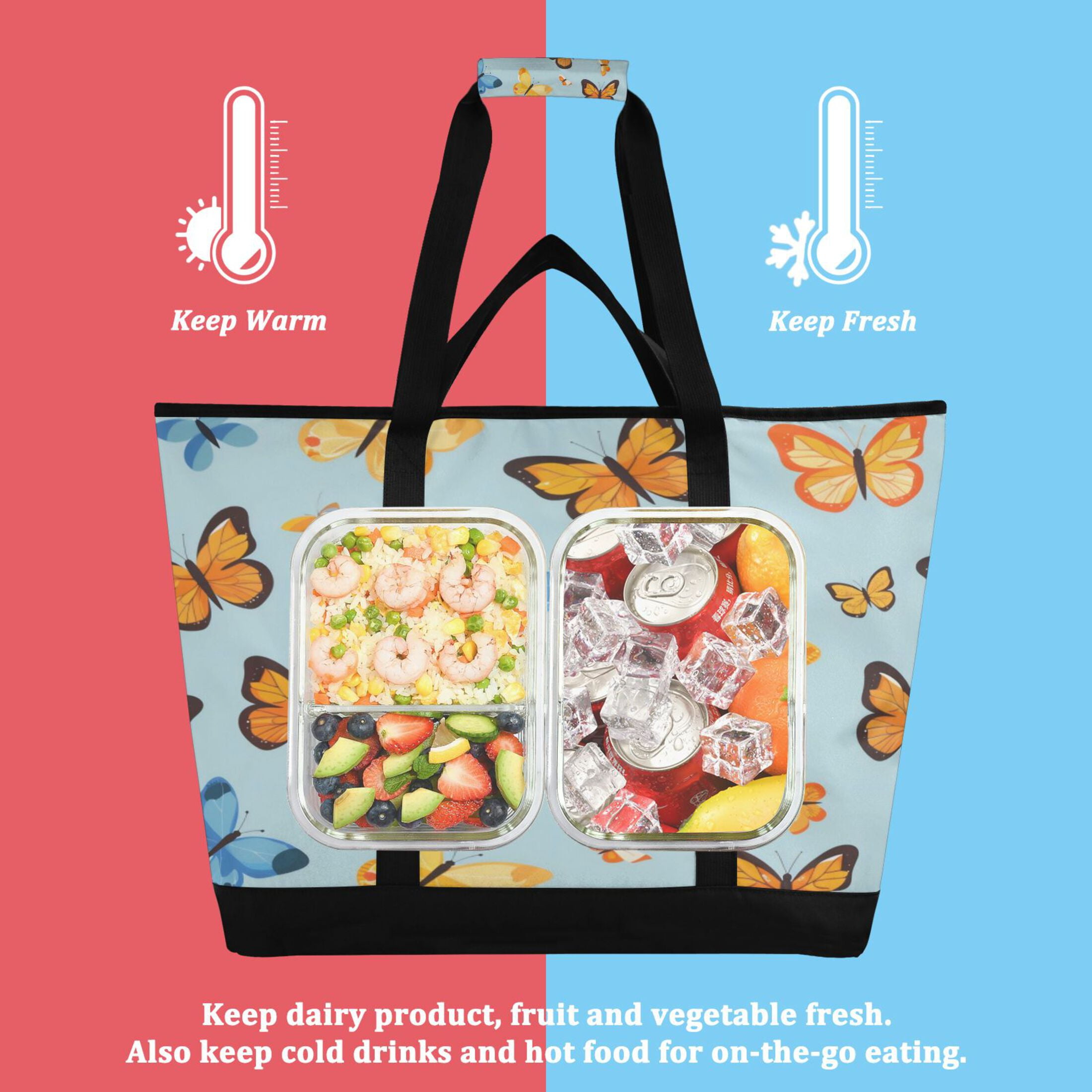 Large Hand-held Ice Pack Picnic Bag Insulation and Refrigeration Suitable for Shopping Picnics and Camping Orange Butterfly
