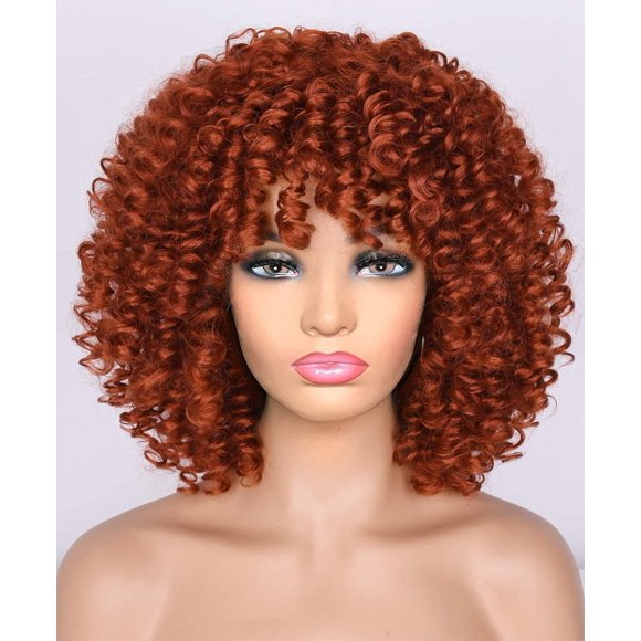 Woeilo Curly Afro Wig with Bangs Short Kinky Curly Wigs for Black Women Synthetic Fiber Soft Hair Short Curly Afro Wig (Orange) Orange